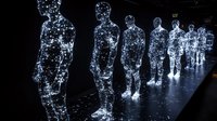 Glowing digital human figures made of light dots and lines standing in row on dark background. Futuristic technology concept for artificial intelligence.