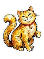 Golden lucky cat with ornamental patterns wearing red collar and bell, isolated on white background for design, clipart, and merchandise applications.