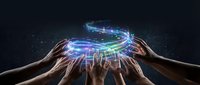 Multiple hands reaching toward glowing digital holographic data streams with colorful light effects on dark background for technology presentations.