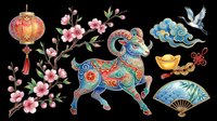 Colorful Chinese New Year goat zodiac clipart set with lantern, cherry blossom, crane, fan, and gold ingot, isolated on transparent background for print on demand.