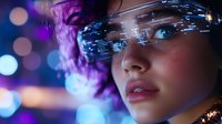 Futuristic smart glasses with holographic display against purple neon lights and bokeh background create atmospheric cyberpunk mood for tech concepts.