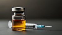 Medical vial with amber liquid and disposable syringe on dark background, dramatic lighting highlights pharmaceutical research and healthcare concept.