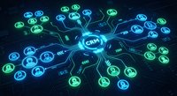 Customer relationship management system with connected user profiles on digital network background for business automation and data analytics solutions.
