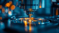Industrial CNC machine drilling metal part with bright orange sparks in dark blue workshop environment, closeup of precision manufacturing process.