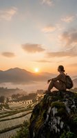 Young Asian male hiker sitting on mossy rock overlooking terraced rice fields at golden sunrise with mountain silhouettes and morning mist in peaceful valley.