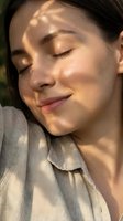Woman with closed eyes enjoying sunlight on face, wearing neutral linen shirt, natural skincare and wellness concept for beauty and relaxation campaigns.