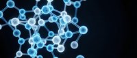 Blue glowing molecular structure with interconnected nodes and bonds on dark background for scientific research and chemistry education materials.