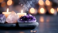 Burning candles on black spa stones with amethyst and rose quartz crystals against blurred golden bokeh lights, smoke rising in mystical atmosphere.