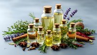 Natural essential oils in glass bottles with cork stoppers surrounded by fresh herbs, spices and lavender for aromatherapy and wellness treatments.