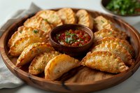 Golden baked empanadas arranged on wooden serving platter with spicy tomato dipping sauce and fresh herbs, traditional Latin American appetizer served family style.
