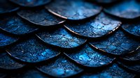 Macro shot of dark blue metallic scales with water droplets creating mysterious dragon-like texture pattern. Shimmering surface with overlapping curved shapes.