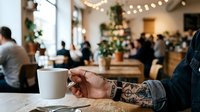 White ceramic mug held by tattooed male hand in casual cafe setting with blurred guests and festive string lights, suitable for beverage, lifestyle and hospitality marketing.