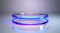 Luminous petri dish with glowing blue and purple edges on reflective surface against gradient background, scientific laboratory glassware for microbiology research.