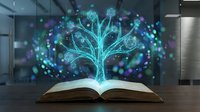 Open book with glowing neon tree and digital particles emerging from pages, representing knowledge, learning, and innovation in modern education and technology.