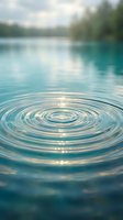 Concentric water ripples spreading across calm turquoise lake surface with soft bokeh background creating peaceful zen meditation atmosphere for wellness concepts.
