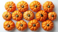 Fresh ripe orange pumpkins arranged in neat rows on white background, top view. Seasonal autumn harvest pattern for Halloween and Thanksgiving decor.