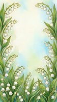 Watercolor lily of the valley floral frame with white bell flowers and green leaves on soft pastel background with copy space.
