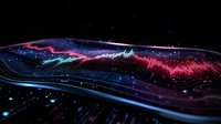 Abstract digital wave visualization with glowing red and blue light effects against dark background, showing dynamic data flow and sound frequency spectrum analysis.