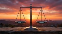 Balance scales with supply and demand plates against dramatic sunset sky representing economic equilibrium and market forces in business concept.