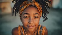 Young African American woman with natural locs wearing orange headwrap smiling warmly at camera in soft natural lighting for lifestyle photography.