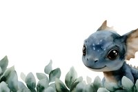 Adorable baby dragon with large eyes sitting among green eucalyptus leaves on white background, fantasy creature for children's books and nursery decor.