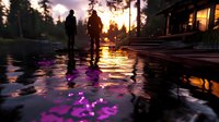 Silhouettes of two people standing in shallow water at sunset near wooden dock, with magical purple reflections rippling across dark water surface near cozy cabin.