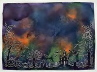 Halloween night scene with spooky haunted house, pumpkins, bats and decorative border on watercolor background for seasonal greeting cards and party invitations.