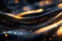 Abstract glowing golden and blue waves with sparkling particles and bokeh lights against dark background, creating magical atmospheric effect.