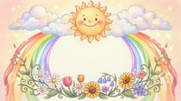 Cheerful sun with rainbow and floral border frame on pastel background. Cute cartoon style with clouds, flowers and decorative elements for children designs.