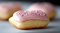 Freshly baked sugar cookie with pink frosting and white pearl sprinkles on top, shallow depth of field creates soft background blur for food photography.