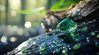 Crystal clear water drop on dark wood surface with green leaf reflection and bokeh light effects in nature background, macro photography showing surface tension.