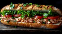 Fresh submarine sandwich with flaked tuna, sliced tomatoes, crisp lettuce on artisanal bread roll garnished with herbs, close up view on dark wooden surface.
