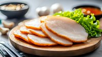 Sliced smoked turkey breast on wooden cutting board with fresh lettuce leaves, garlic cloves and spices in background, selective focus on meat.