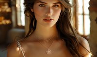 Young Caucasian woman with long dark hair wearing delicate layered necklaces in warm golden light. Natural makeup and soft expression create romantic mood.