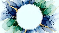 Watercolor abstract frame with blue and green flowing shapes, gold accents and splashes creating elegant border for text or design projects.