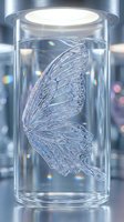 Transparent butterfly wings preserved in glass cylinder with holographic reflections and futuristic laboratory lighting for scientific research concepts.