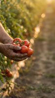 Farmer hands holding fresh ripe red tomatoes in golden sunlight at organic garden during harvest season for healthy eating and agriculture concepts.