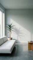 Minimalist living room with light gray walls, white sofa, potted plant casting shadow, wooden side table, and natural sunlight from window for modern interior design projects.