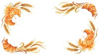 Watercolor frame with golden wheat ears and croissants in corners on white background, suitable for bakery branding, menu design, and food packaging.
