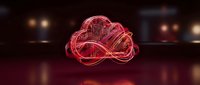 Digital cloud computing network with glowing red neon wireframe design on dark background for technology and data storage concepts.