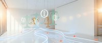Glowing legal scales and warning icons float in a modern white interior with flowing neon light trails and alert symbols on the floor.