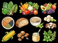 Colorful vegan food clipart set with vegetables, fruits, grains, bread, nuts, and herbs. Isolated on transparent background, ready for nutrition, health, and diet design projects.