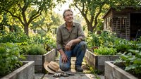 Middle-aged Caucasian male gardener sitting on wooden raised bed border in organic vegetable garden with lush green plants and rustic cabin background.