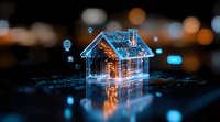 Glowing holographic smart home with floating IoT icons against dark background with bokeh lights, representing modern home automation and digital technology.