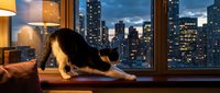 Young female dog, mixed breed with golden-brown coat, stretching in downward dog pose on windowsill of high-rise apartment overlooking illuminated city skyline at dusk. Warm interior lighting contrasts with evening urban landscape.
