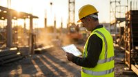 Construction worker in safety vest and hard hat reviewing blueprints at building site during golden hour sunset with cranes and equipment in background.
