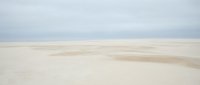 Serene minimalist seascape with soft sandy beach and calm ocean horizon under overcast sky creating peaceful coastal atmosphere for relaxation and meditation.