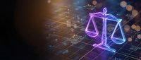 Digital justice scales with neon purple and blue glow on dark technology background with circuit patterns and bokeh lights for legal tech concepts.