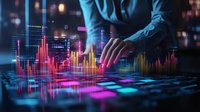 Financial trader analyzing colorful stock market charts and graphs on futuristic digital display with glowing data visualization in dark trading room.