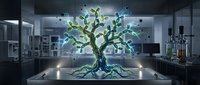 Glowing tree with digital leaves growing from laboratory table in modern scientific research facility with equipment and technology.